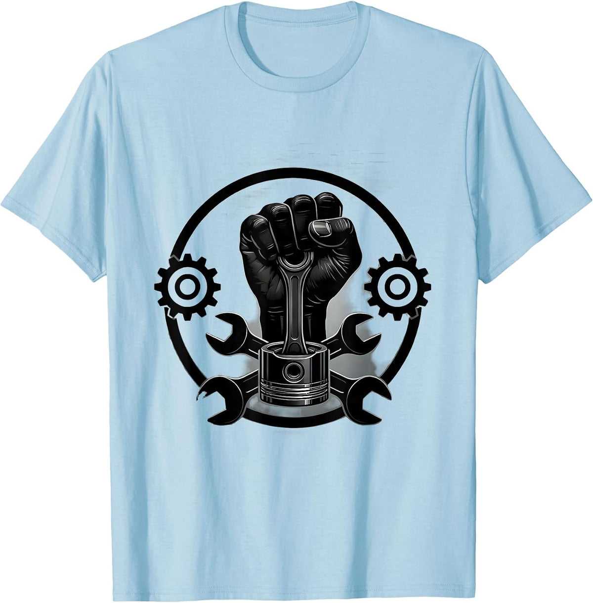 Men's Mechanic Hand Gripping Engine Piston Graphic Tee T-Shirt - Baby Blue