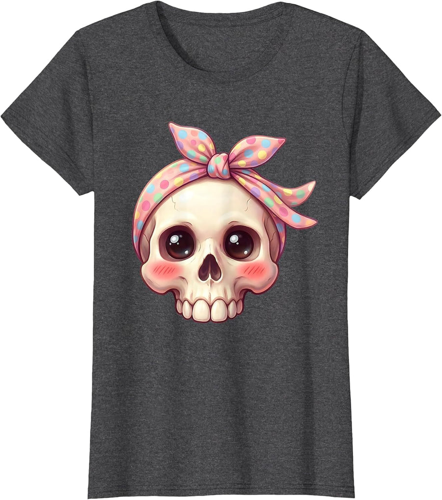 Women's Polka Dot Bandana Skull Graphic Tee T-Shirt - Dark Heather Grey