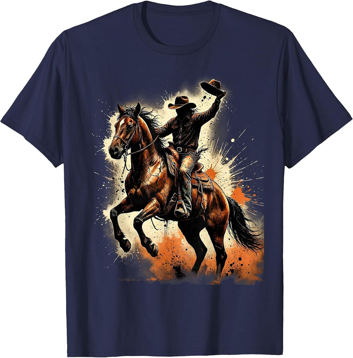Cowboy Riding Bucking Bronco Rodeo Graphic T-Shirt - Navy Blue