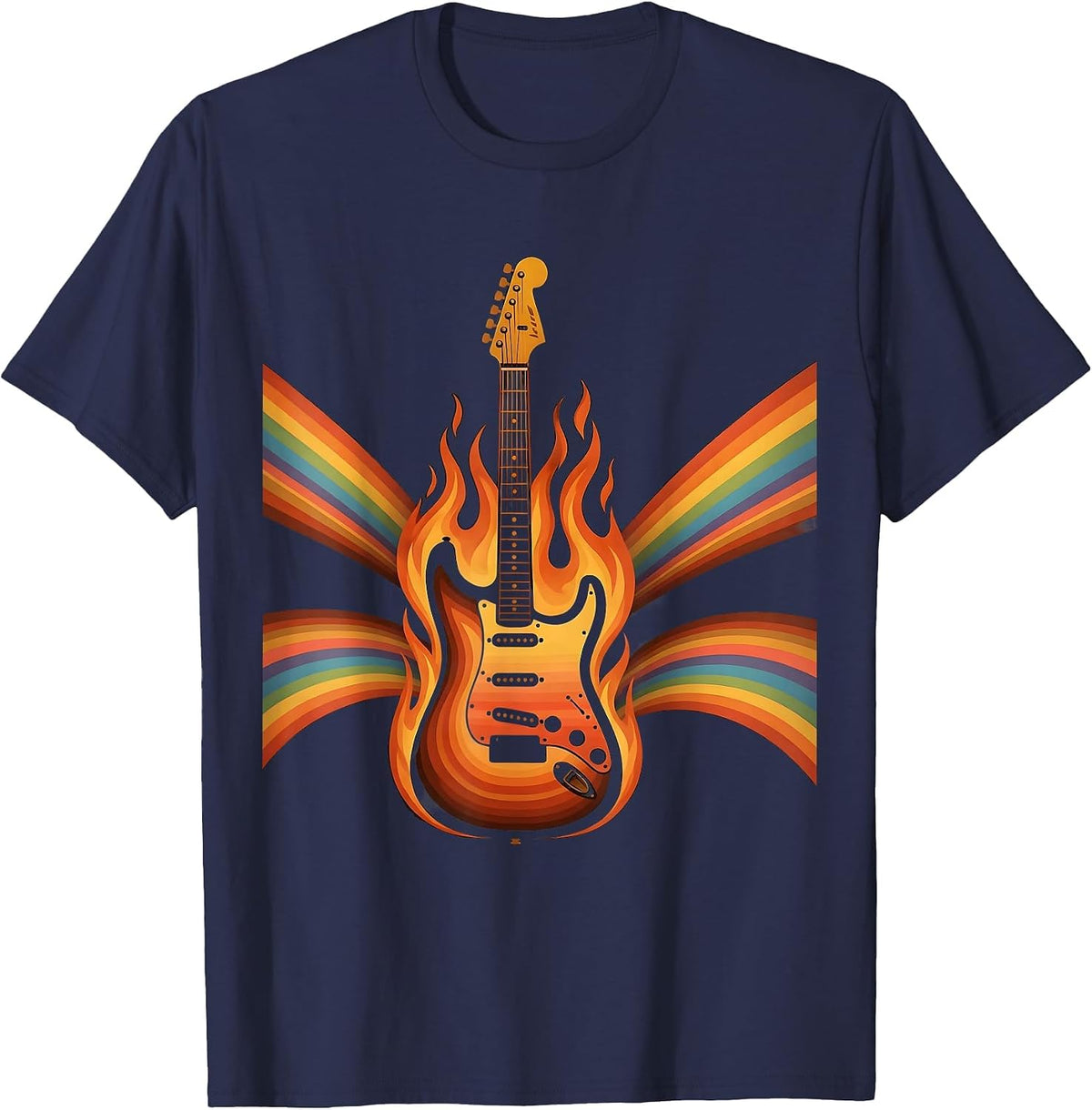 Men's Flaming Electric Guitar Rock Music Graphic T-Shirt - Navy Blue