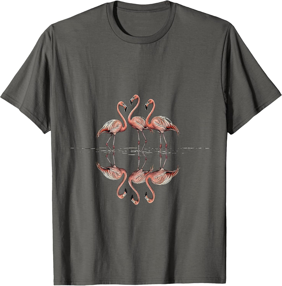 Flamingo Flock Reflection Serene Nature Design T-Shirt - Asphalt Grey