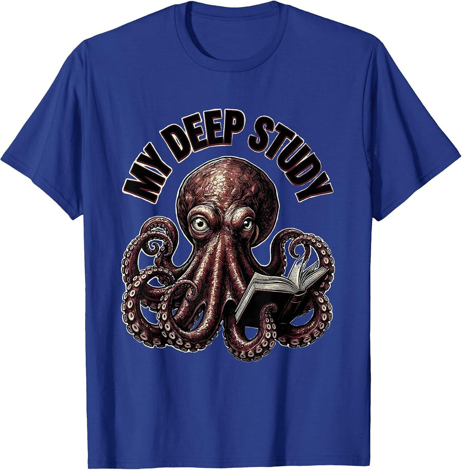 My Deep Study Vintage Octopus Book Lover Ocean Animal Art T-Shirt - Royal Blue