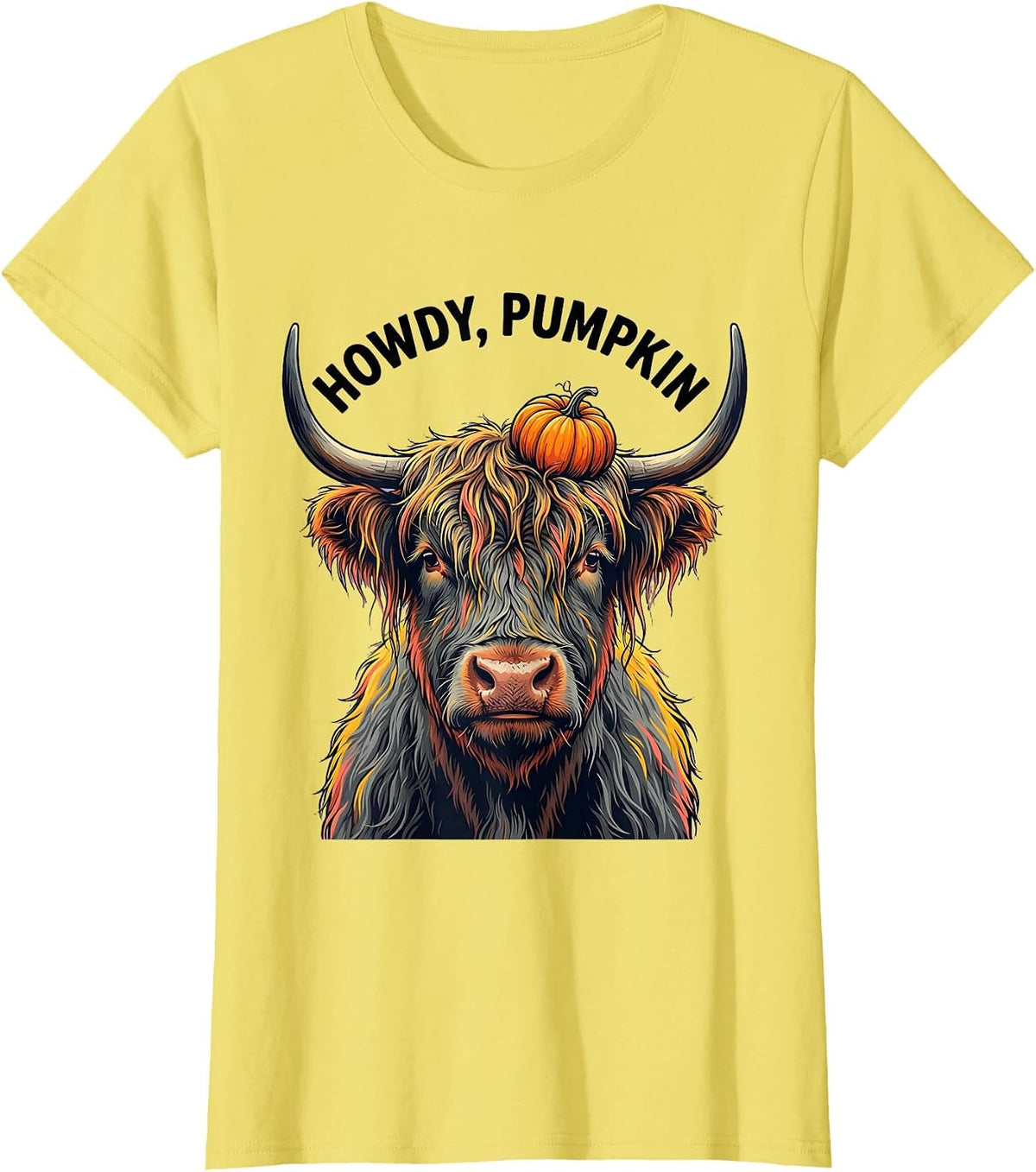 Howdy, Pumpkin Funny Highland Cow Fall Seasonal Family Décor T-Shirt - Lemon Yellow
