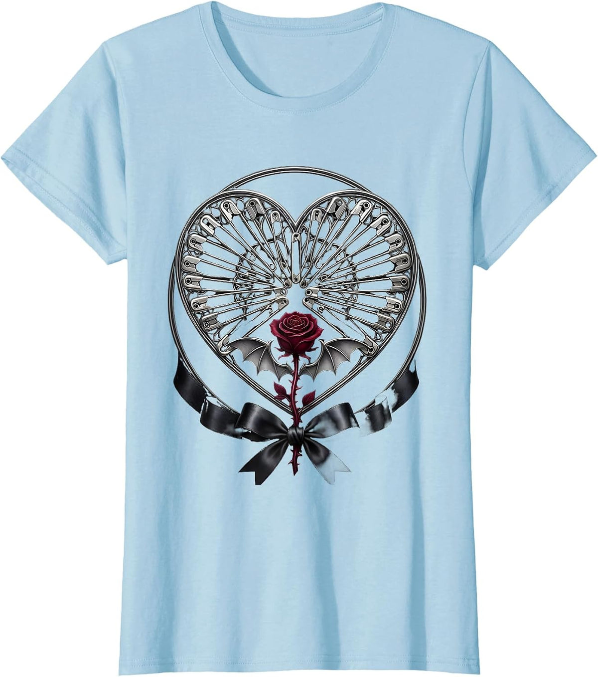 Safety Pin Heart Punk Rock Graphic Tee T-Shirt - Baby Blue