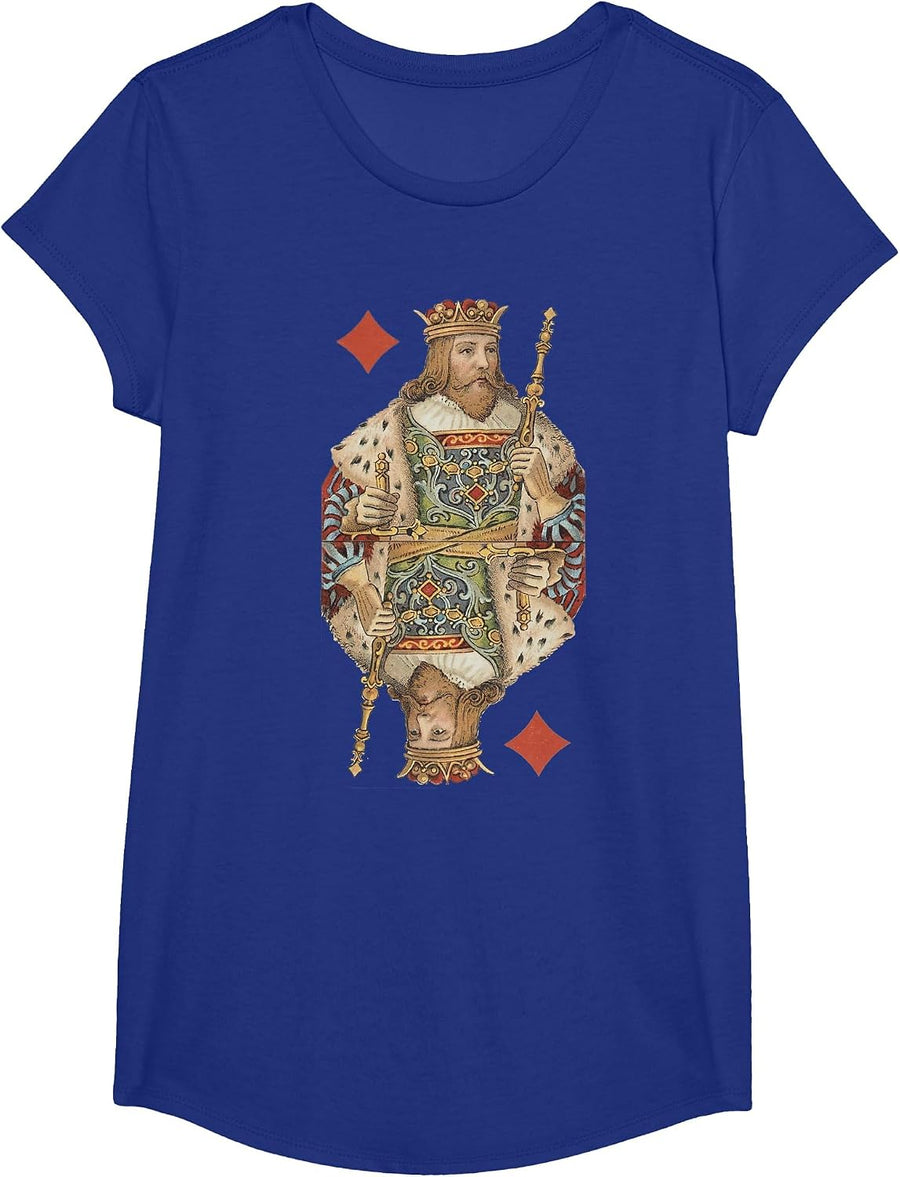 King of Diamonds Antique Art Nouveau Playing Card Art T-Shirt, Girls, Royal Blue, Medium - As Pictured