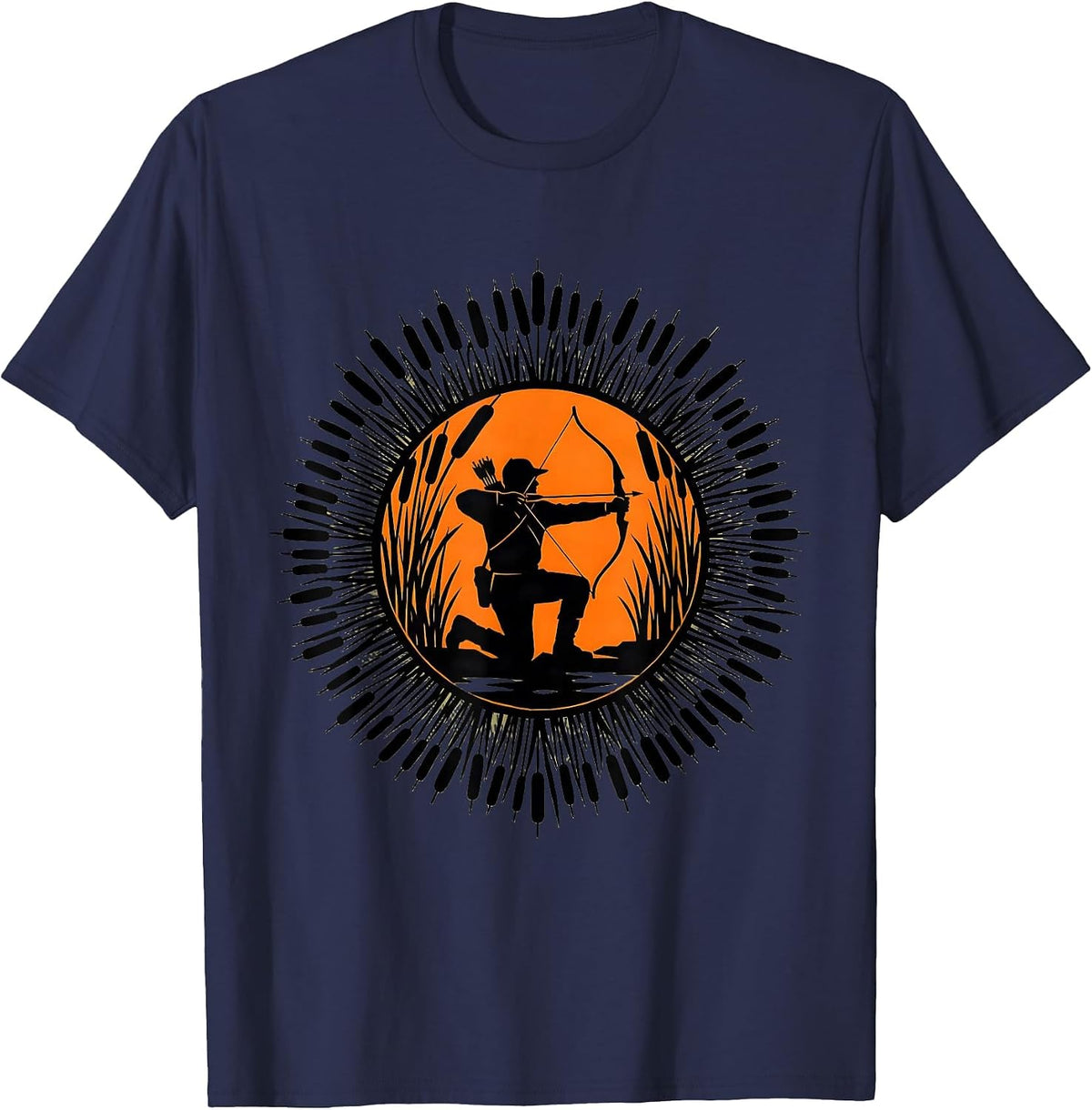Men's Hunter Kneeling in Marsh Reeds Camouflage Design T-Shirt - Navy Blue