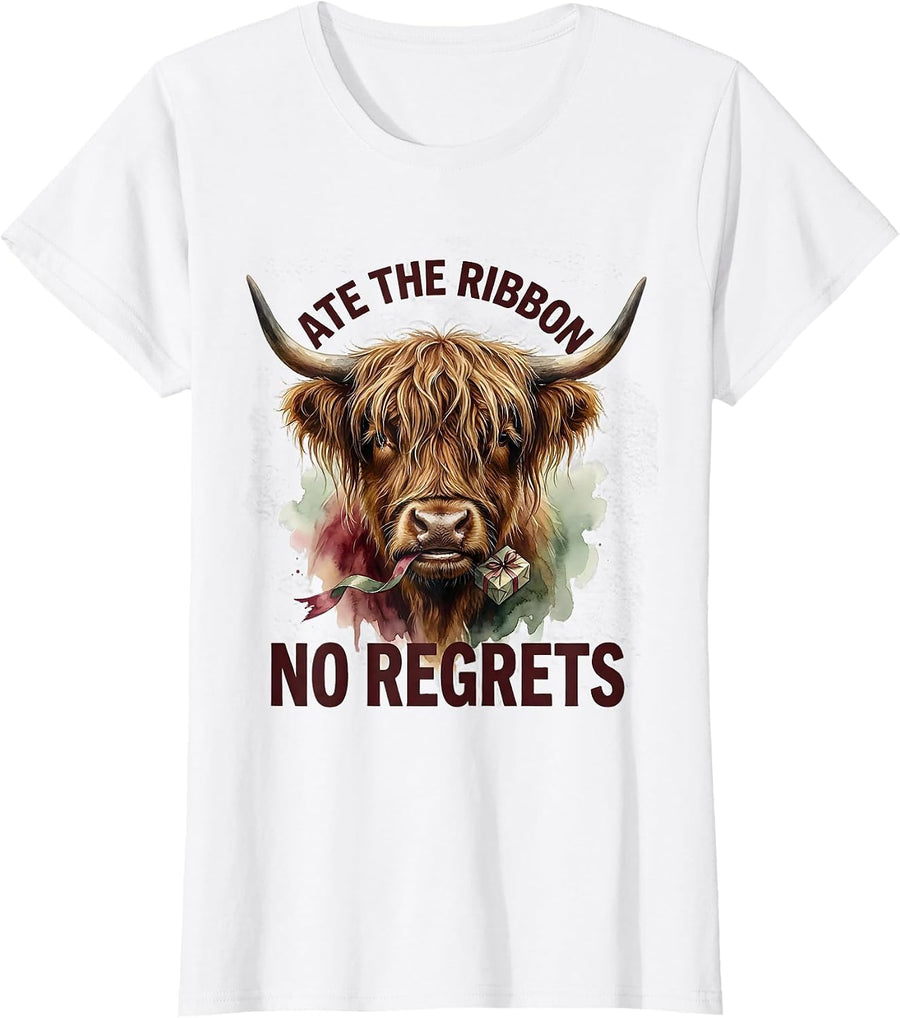 Women's Ate The Ribbon, No Regrets Watercolor Highland Cow Christmas T-Shirt - White