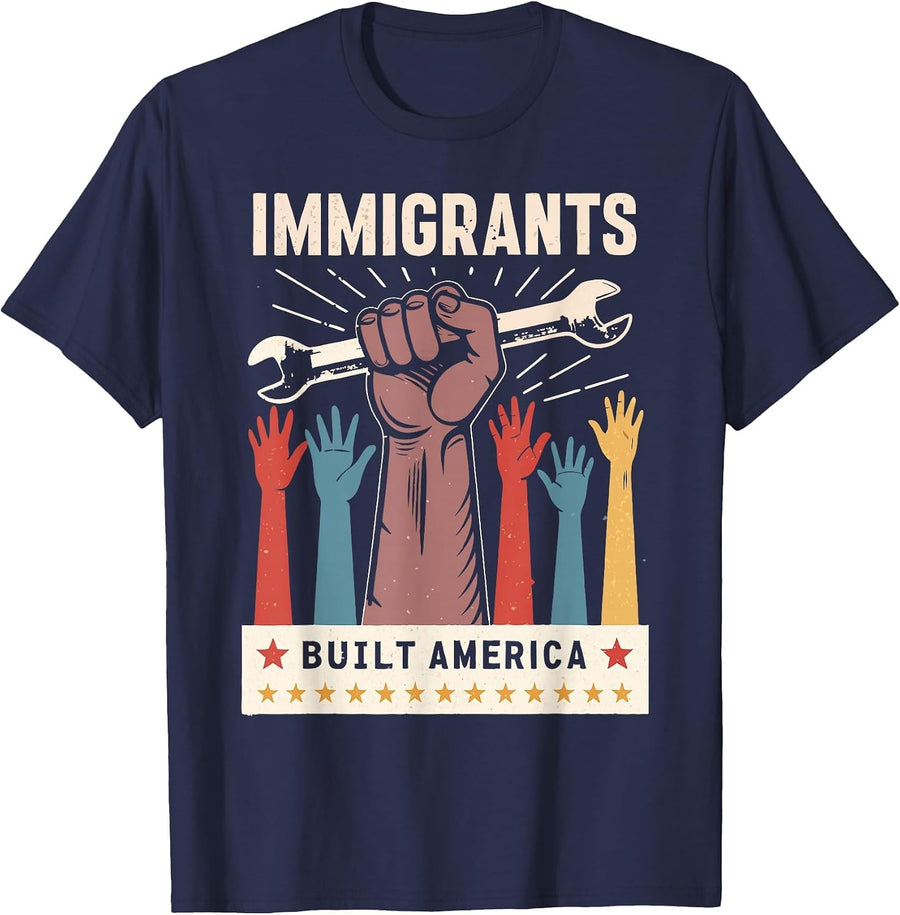 Vintage Immigrants Built America Pride T-Shirt - Navy Blue