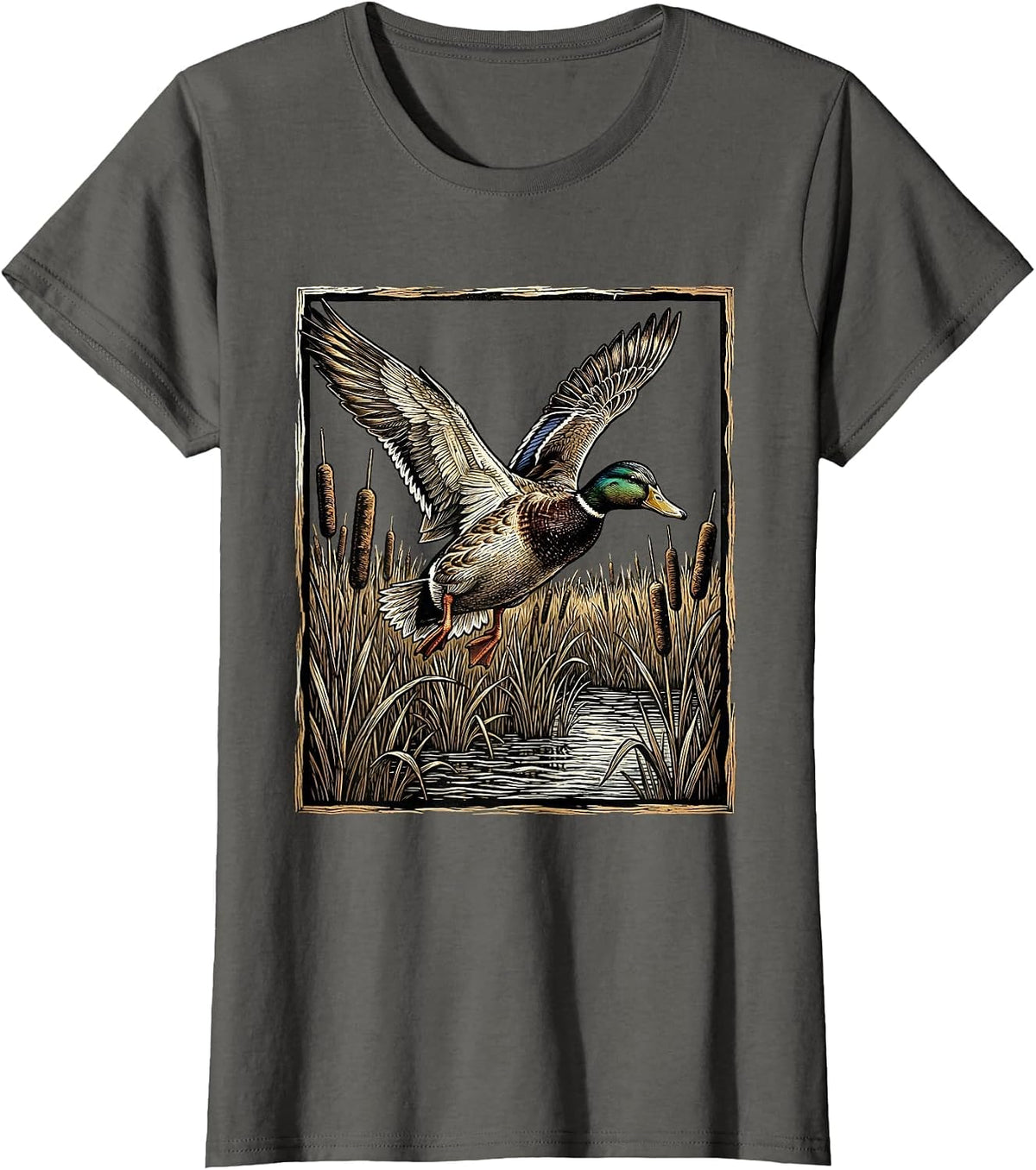 Women's Camo Duck Flying Over Cattail Marsh Graphic T-Shirt - Asphalt Grey