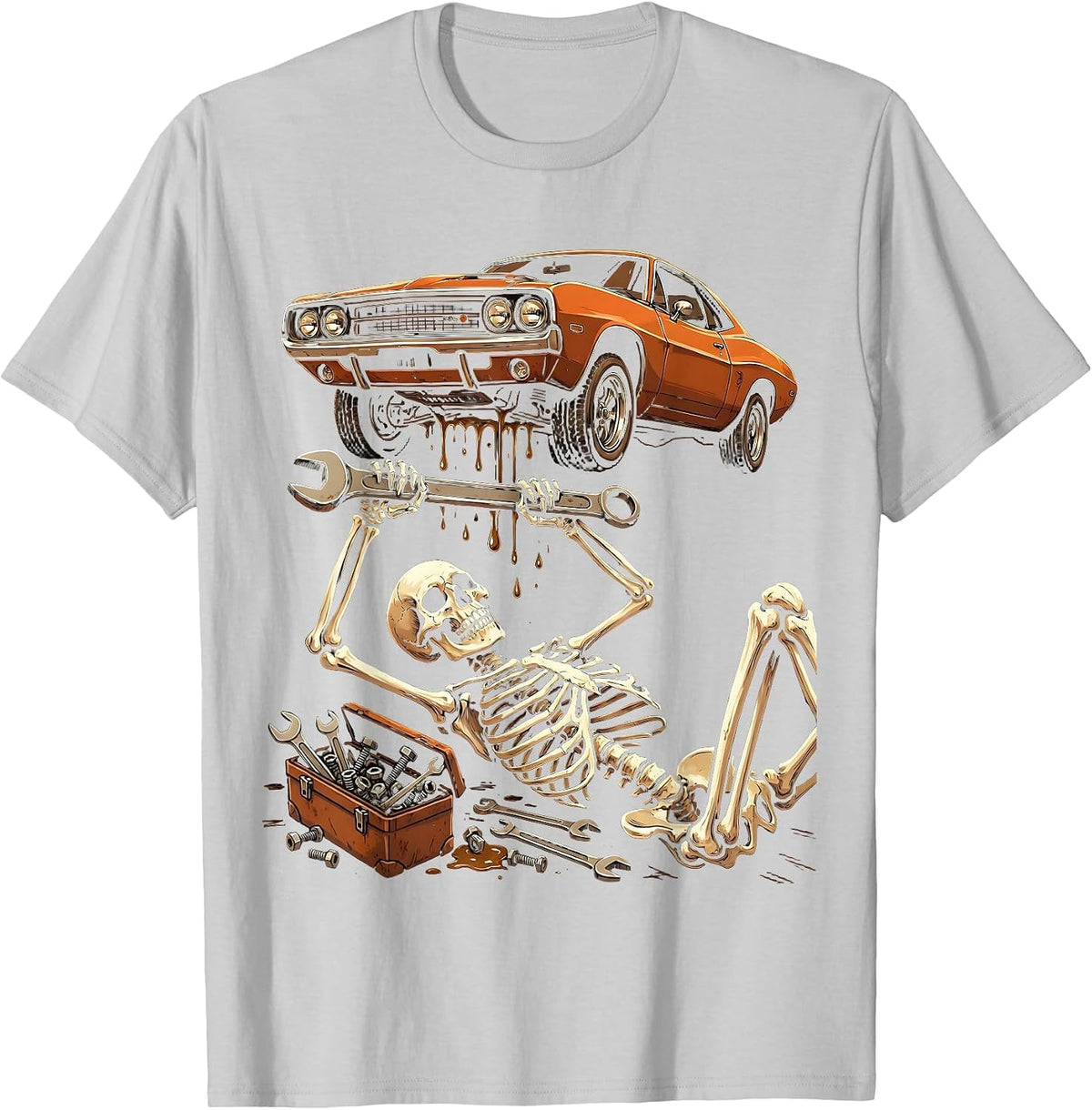 Men's Skeleton Mechanic Under Raised Car Graphic T-Shirt - Silver Grey