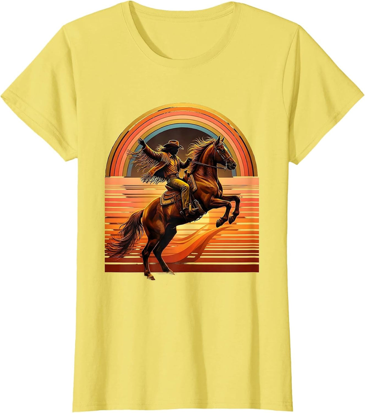 Cowgirl Leaping Off Horse at Sunset Graphic T-Shirt - Lemon Yellow
