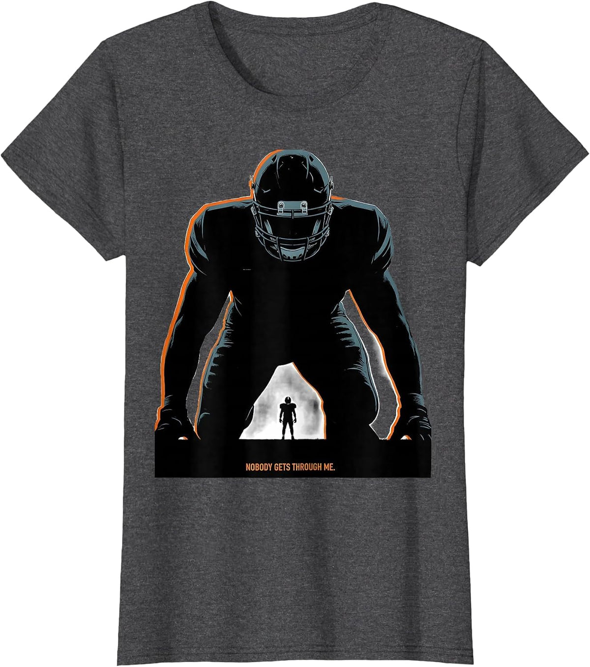 Women's Nobody Gets Through Me Funny Football Lineman Offensive T-Shirt - Dark Heather Grey