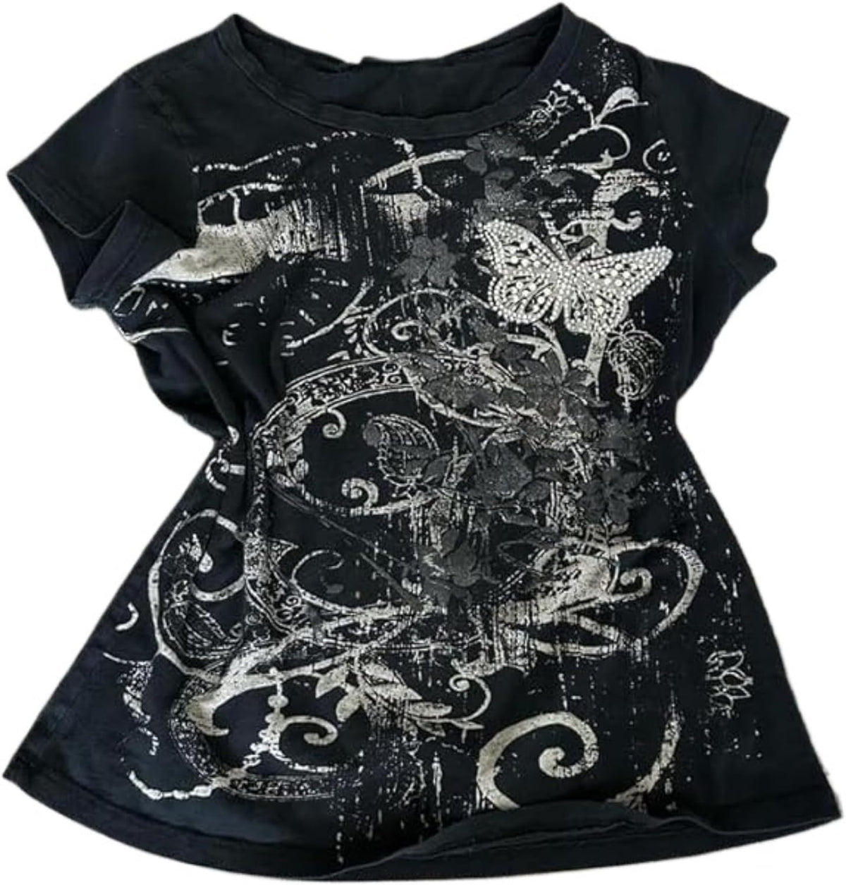 Grunge Shirts Emo Clothes Teen Girls Vintage Graphic Tee Y2k 2000s Goth Top Women Mcbling Short Sleeve Streetwear - Black