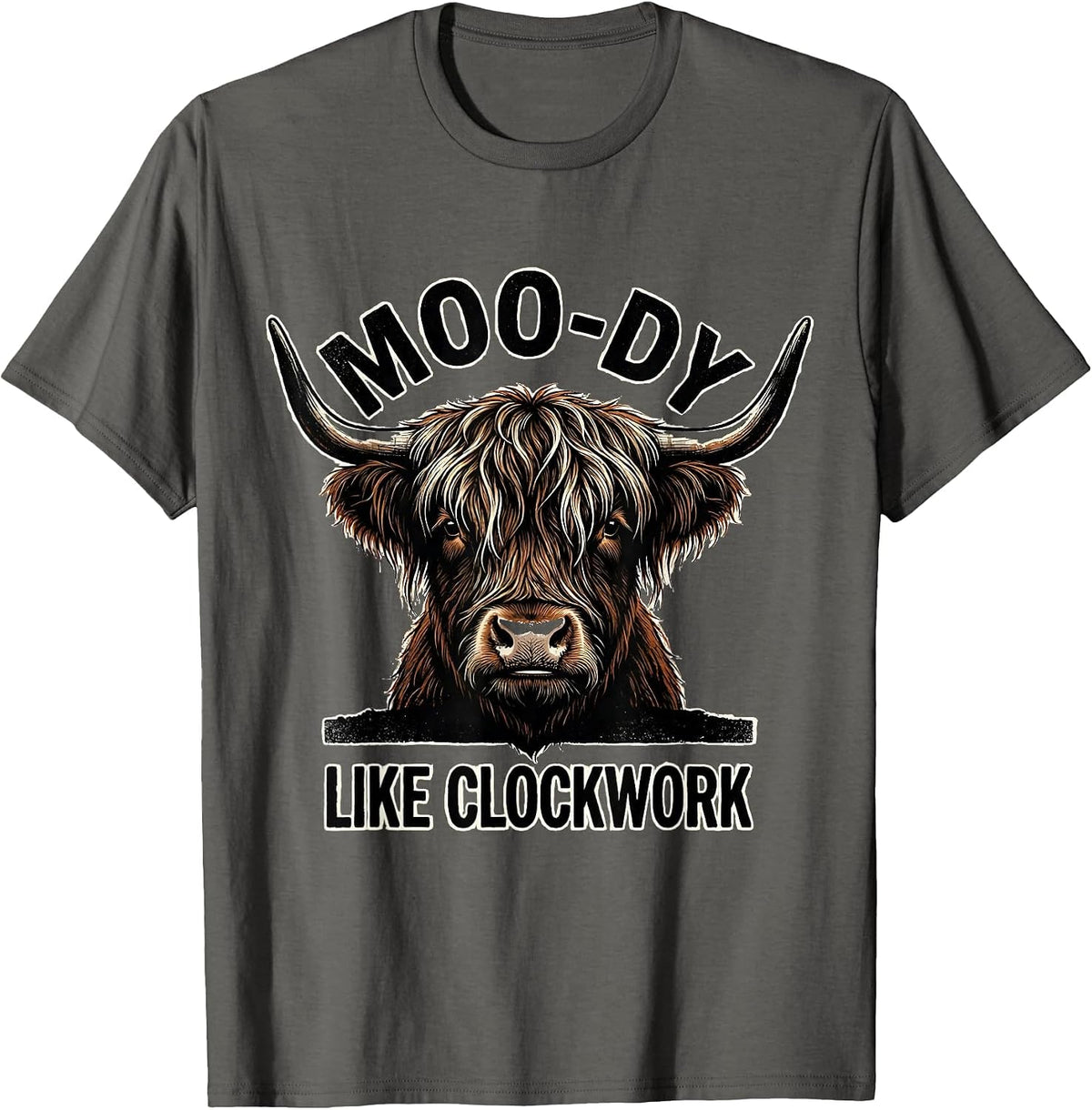 Moo-Dy, Like Clockwork Rubber Stamp Highland Cow Farm Humor T-Shirt - Asphalt Grey