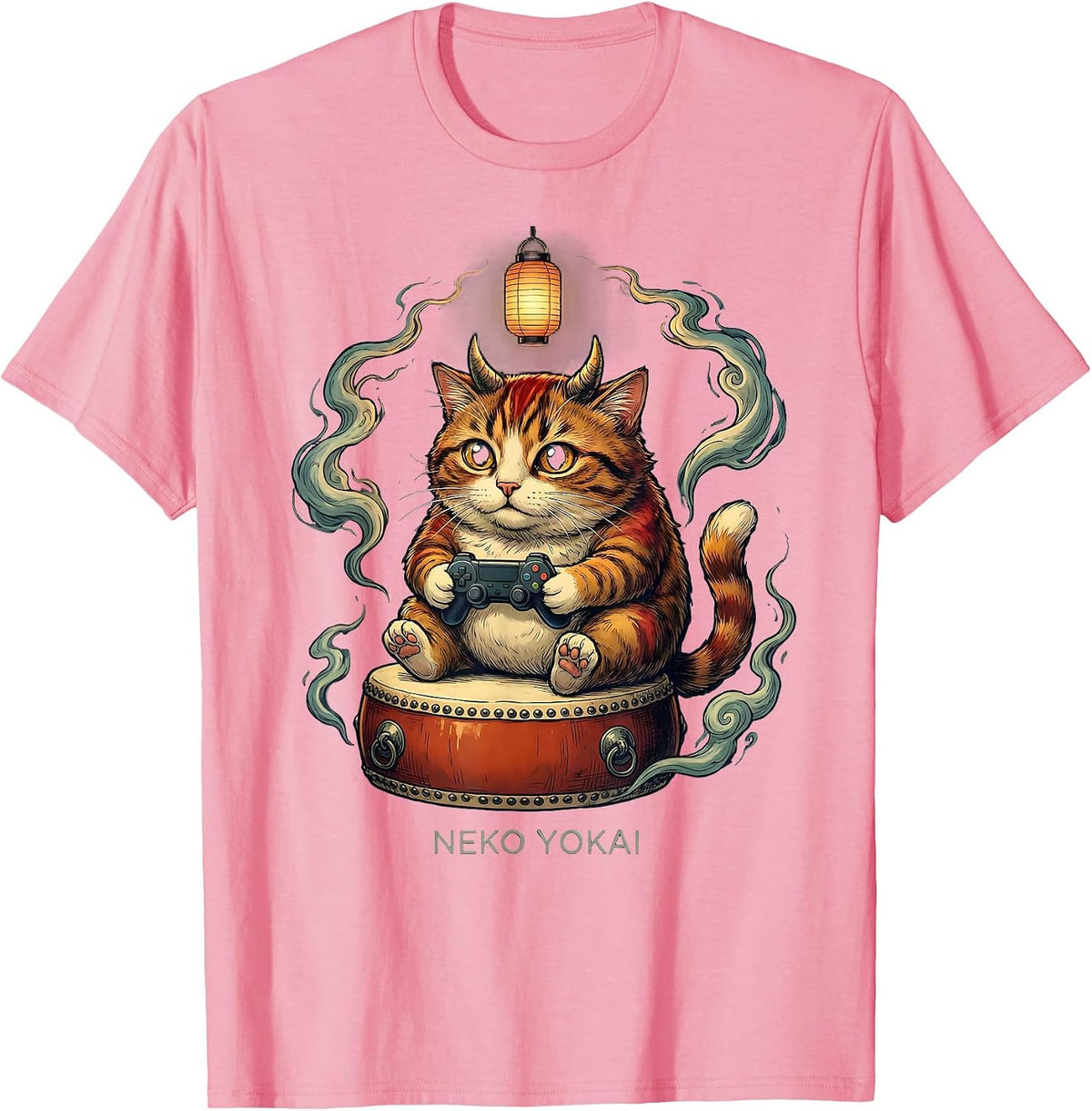 Men's Neko Yokai Funny Cat Anime Gaming Ramen Cat Lover T-Shirt - Pink