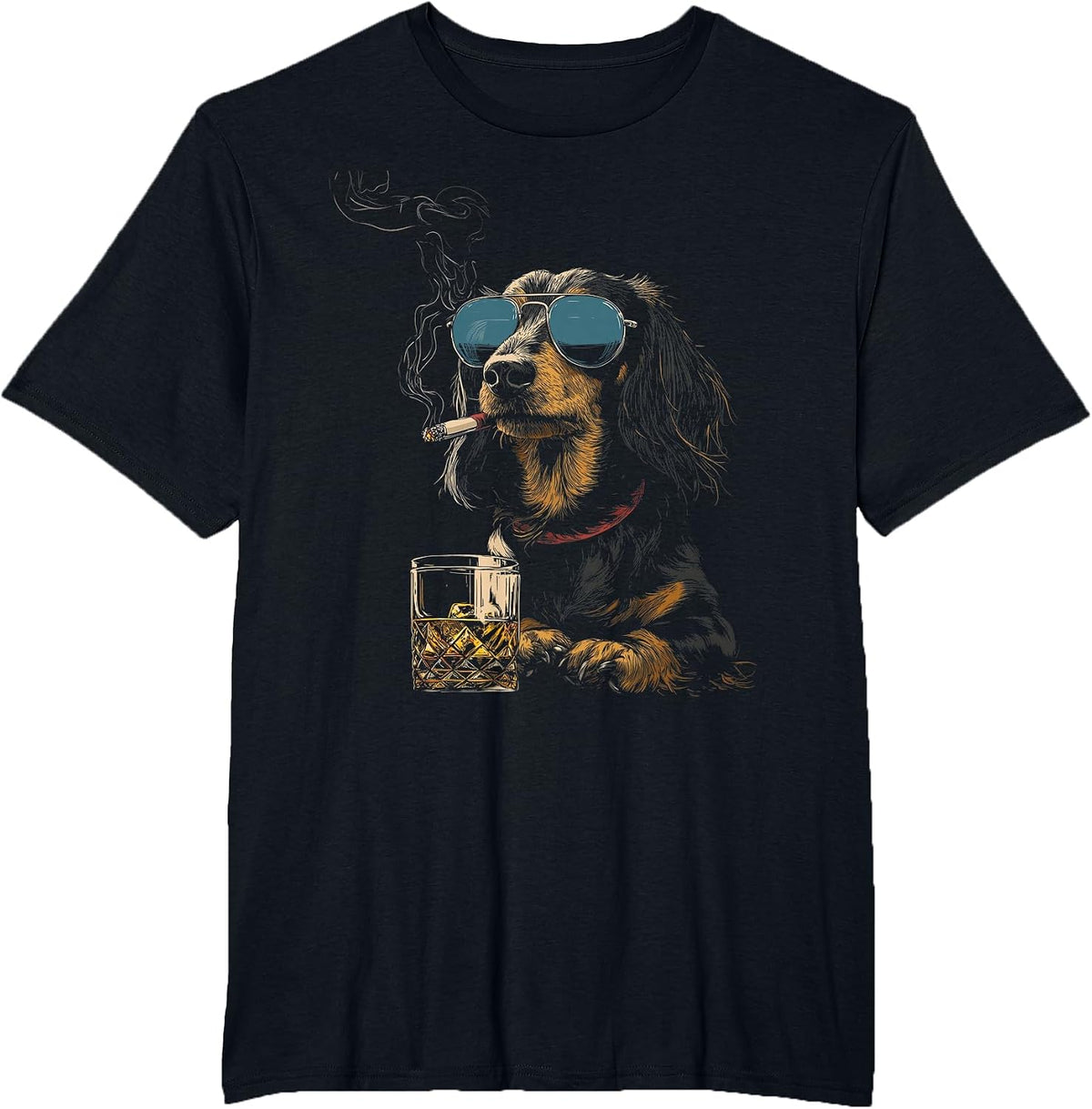 Dachshund Smoking Cigarette Whisky Lover Funny Wiener Dog T-Shirt - Black