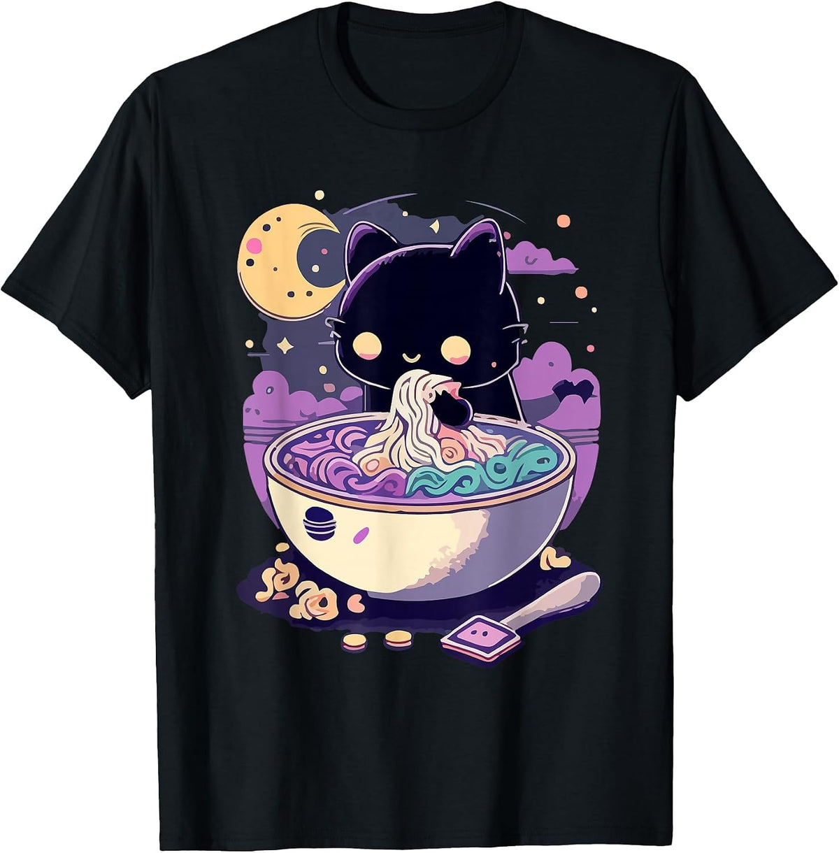 Creepy Kawaii Cat Eating Ramen Noodles Pastel Goth Aesthetic T-Shirt - Black