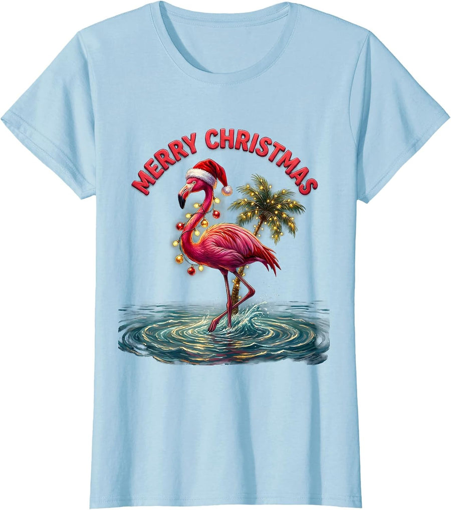 Women's Merry Christmas Pink Flamingo Santa Hat Funny Christmas T-Shirt - Baby Blue