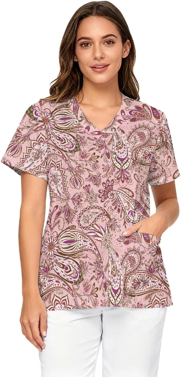 Oversized Scrubs for Women V Neck Printed Medical Scrub Tops Soft Nurse Uniform Shirts with Pockets Size S - 5XL - Boho