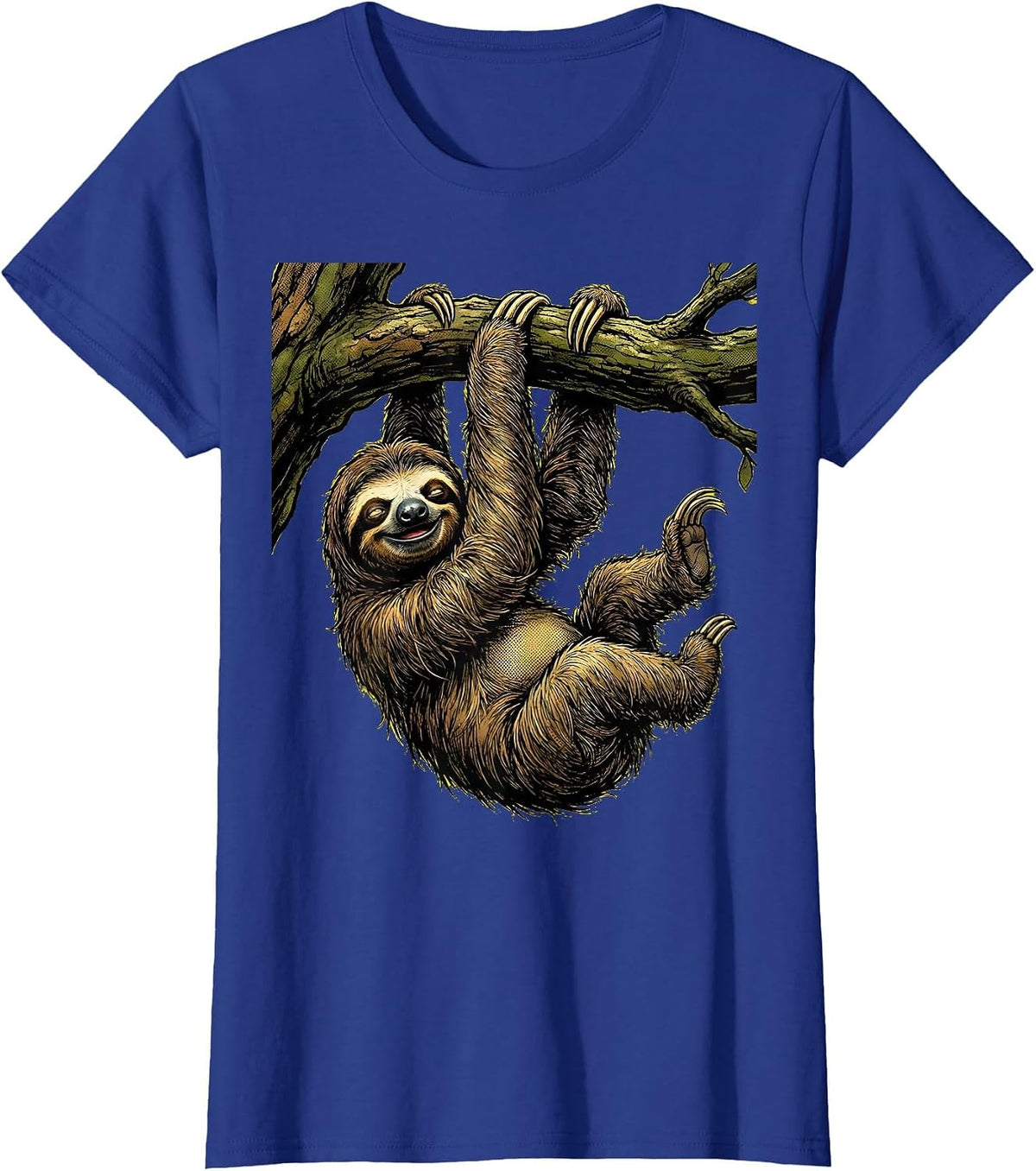 Women's Lazy Sloth Hanging From Tree Branch T-Shirt - Royal Blue