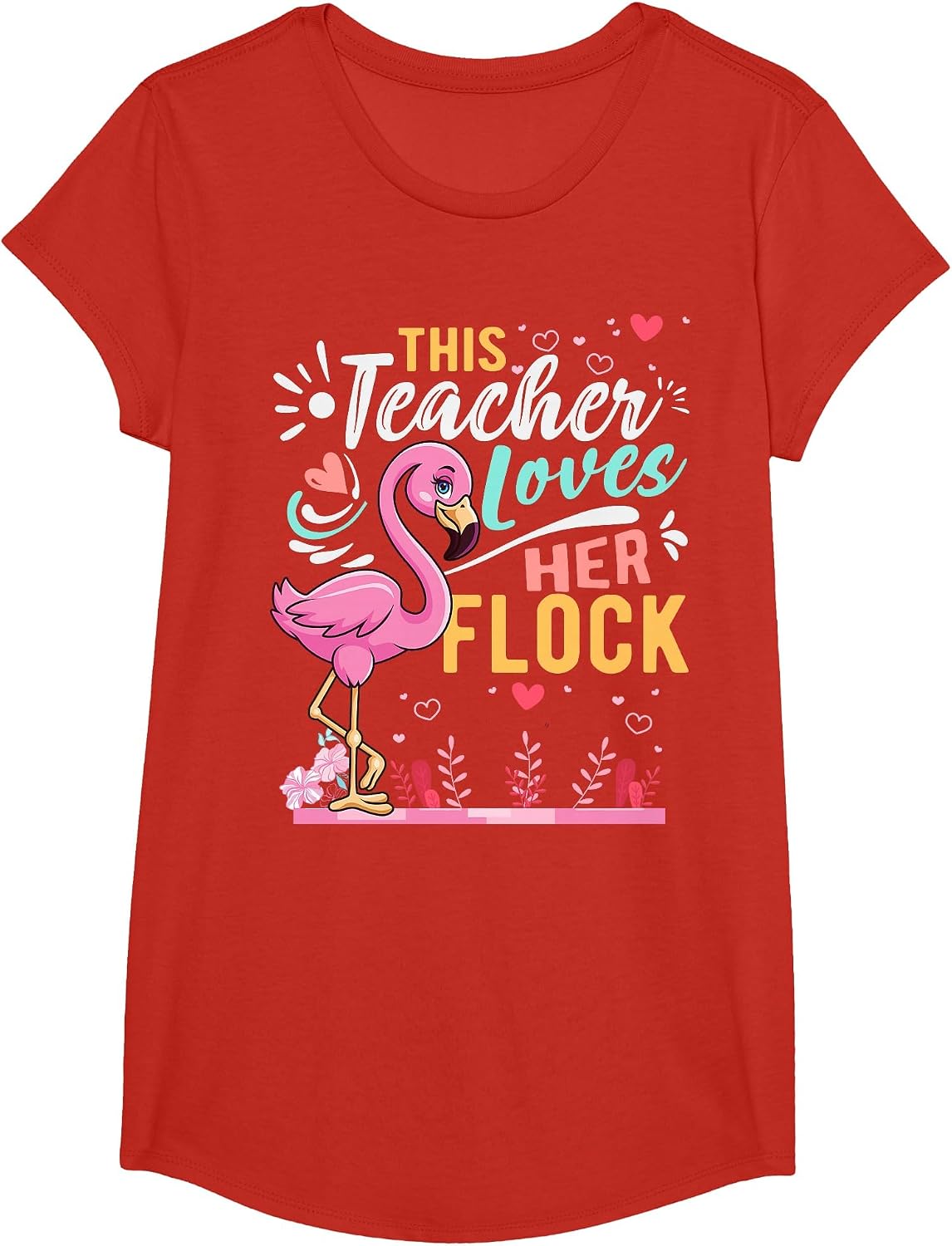 This Teacher Loves Her Flock Flamingo Teacher Back to School T-Shirt - Girls Red