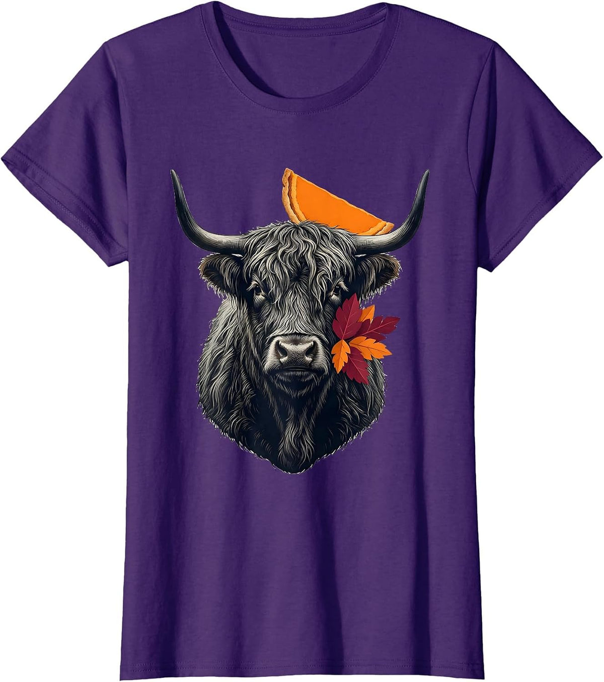 Women's Shaggy Highland Cow Pumpkin Halloween Fall Humor T-Shirt - Purple