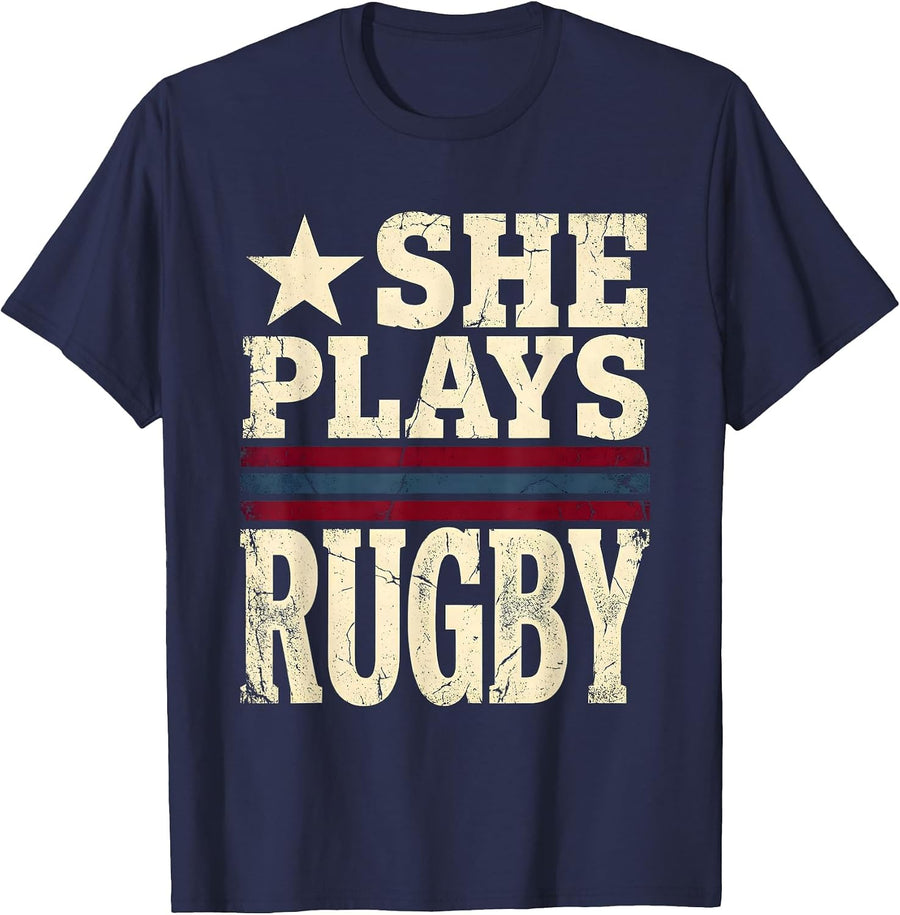 She Plays Rugby Bold Graphic Design T-Shirt - Navy Blue