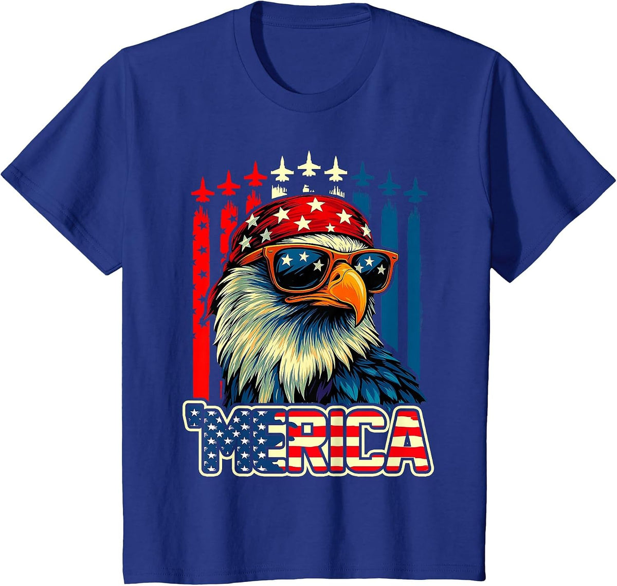 Merica Eagle American Flag Airplane 4th of July Patriotic T-Shirt - Royal Blue