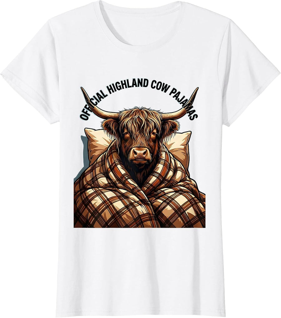 Women's Official Highland Cow Pajamas Cute Cozy Sleepwear Animal T-Shirt - White
