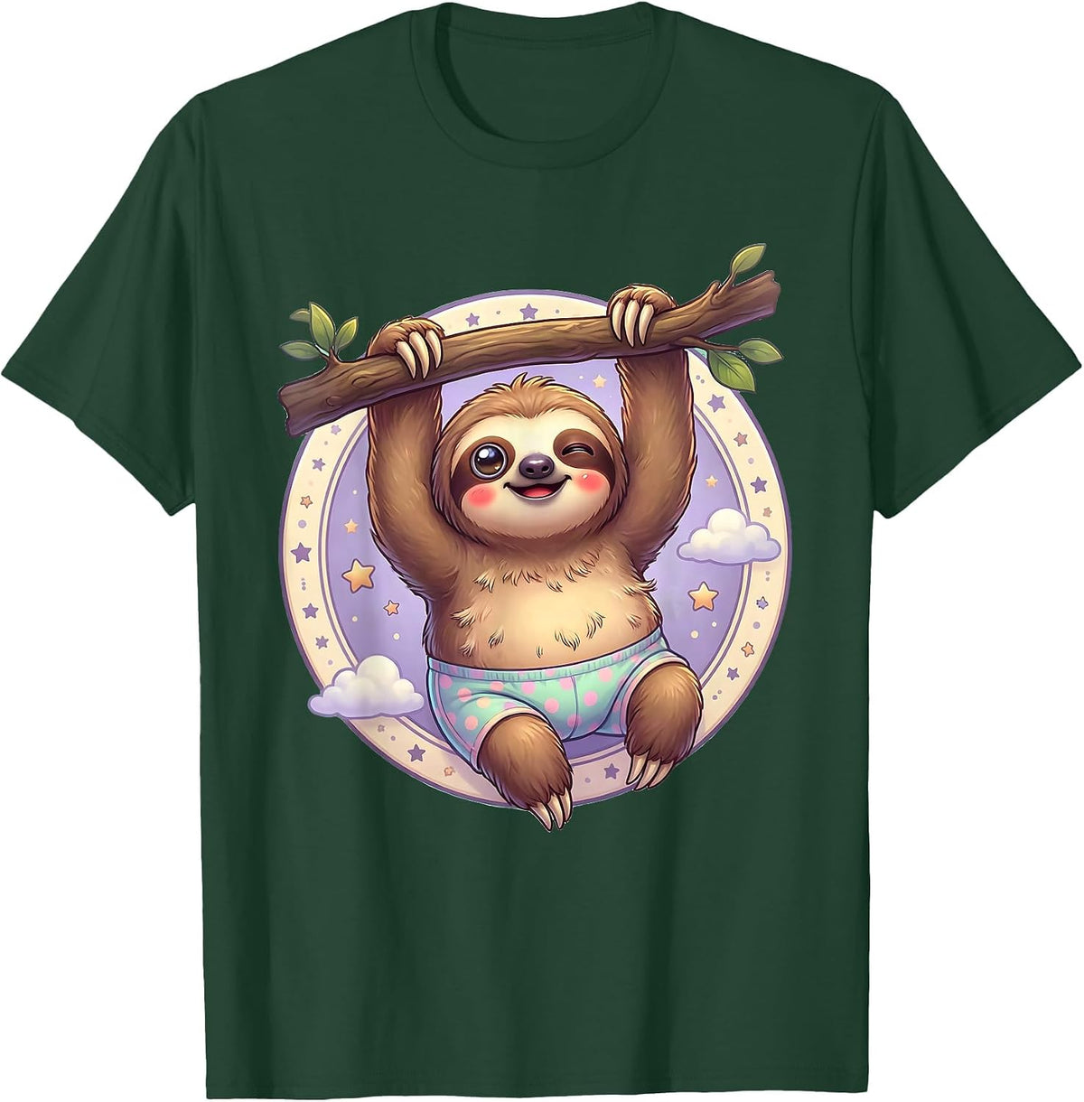 Men's Lazy Sloth Hanging in Underwear Funny Graphic T-Shirt - Dark Green