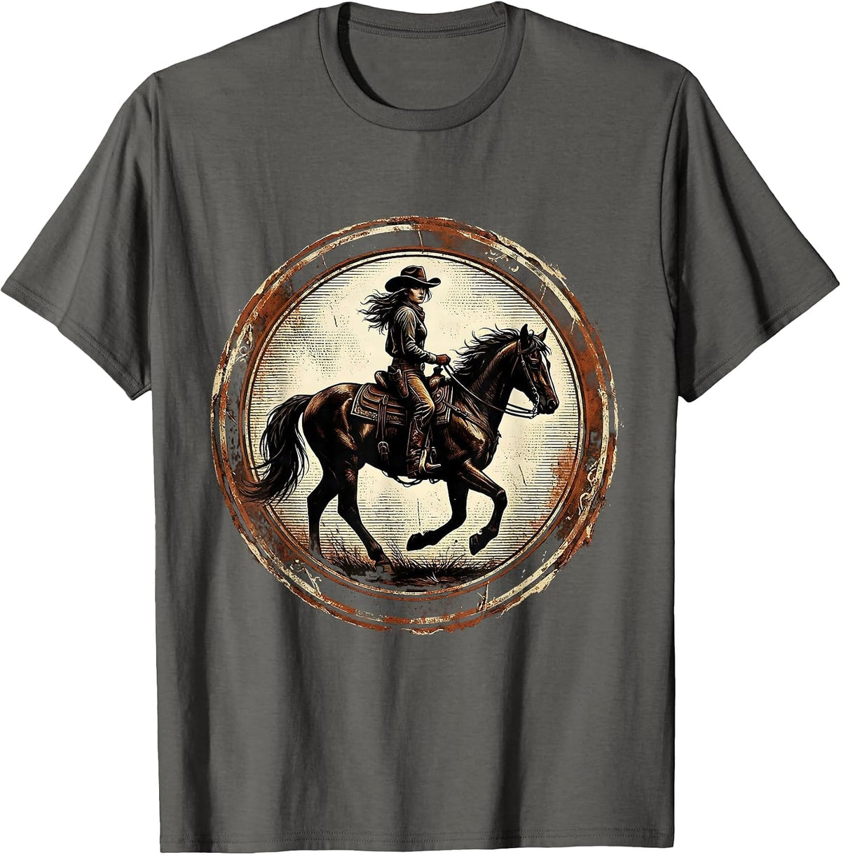 Cowgirl Glance Back Horseback Riding Graphic T-Shirt - Asphalt Grey