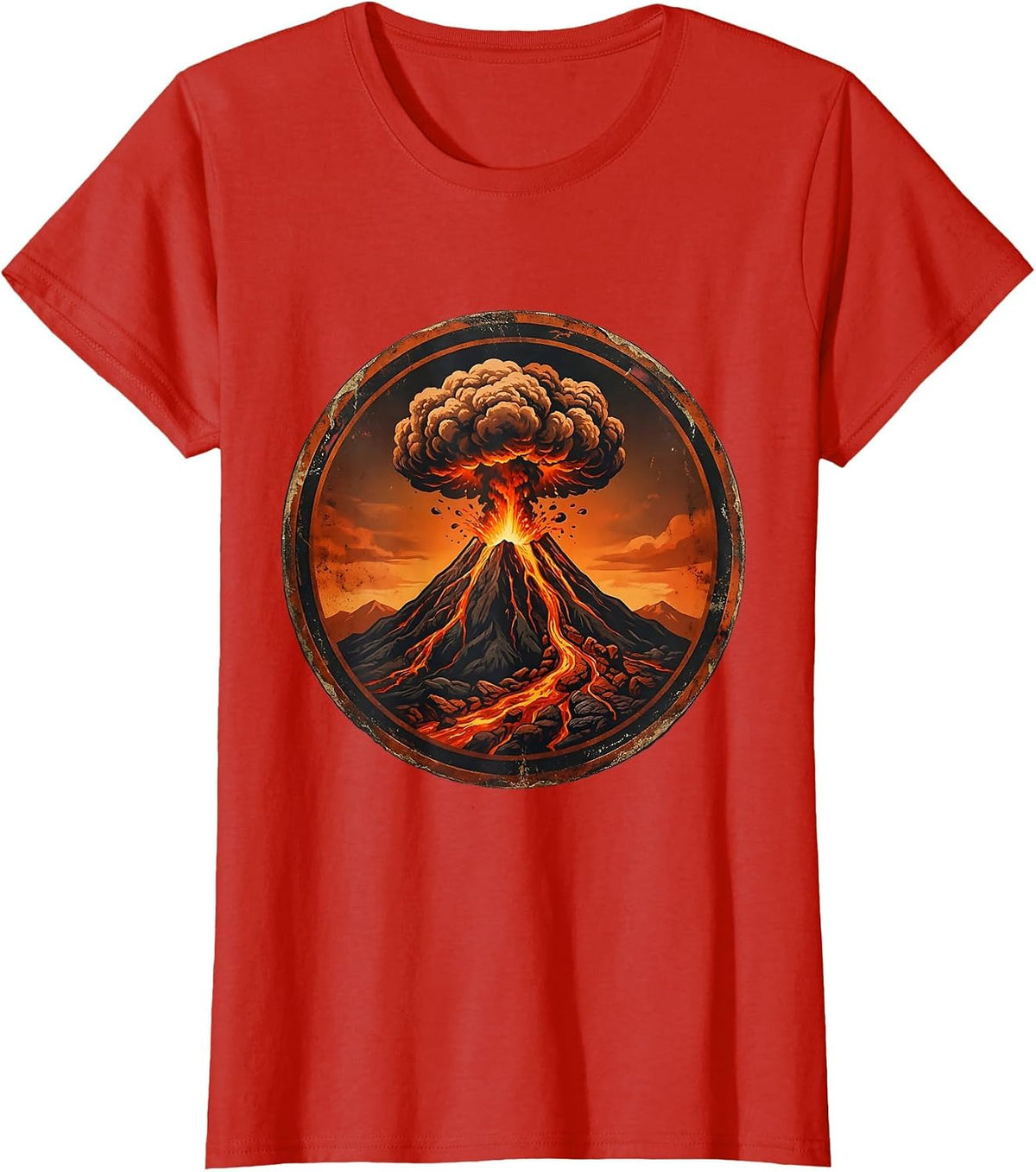 Volcanic Eruption Silhouette Black and Orange T-Shirt - Red
