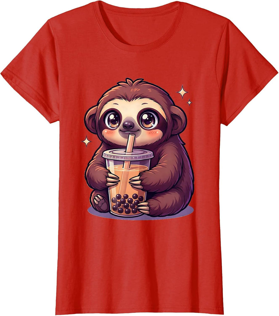 Women's Chibi Sloth Kawaii Anime Boba Tea Lover T-Shirt - Red