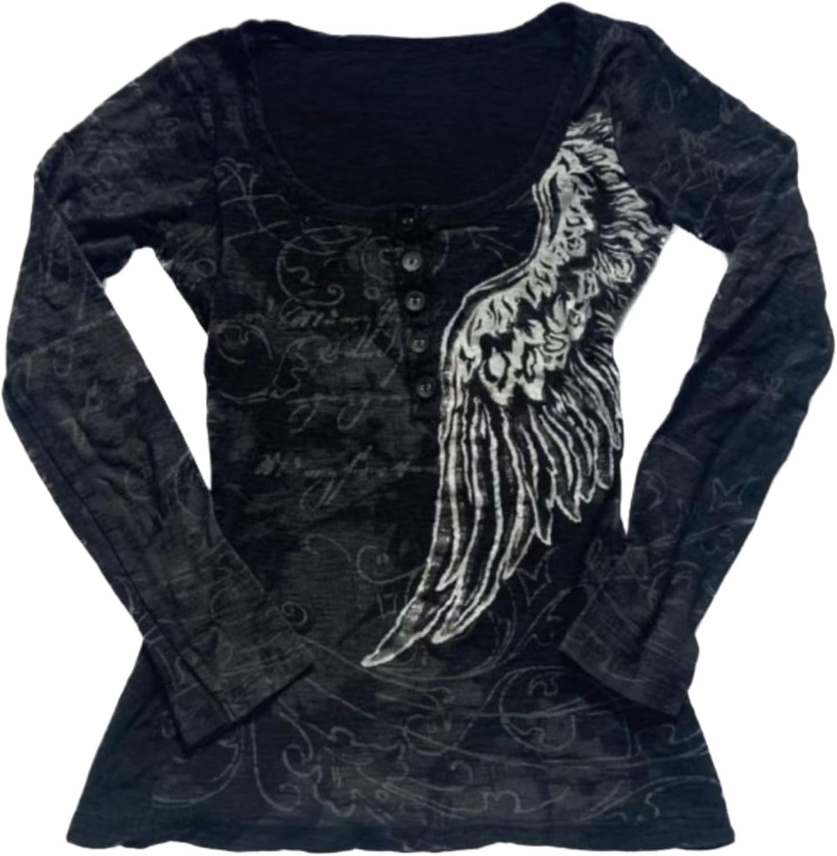 Grunge Shirts Emo Clothe Teen Girls Vintage Graphic Tee Y2k 2000s Goth Top Women Mcbling Long Sleeve Streetwear - Black Wings
