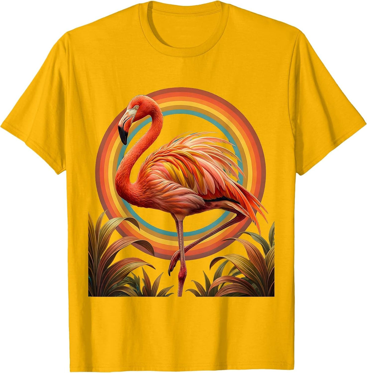 Confident Flamingo Bold Pose Graphic Design T-Shirt - Golden Yellow