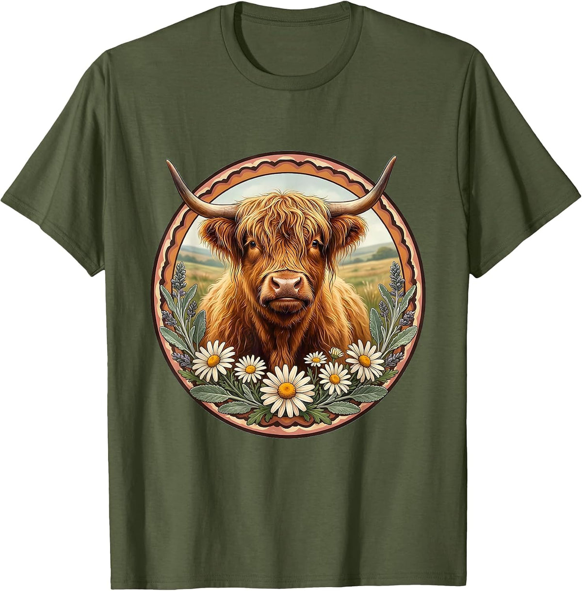 Highland Cow Sitting in a Field of Daisies T-Shirt - Olive Green