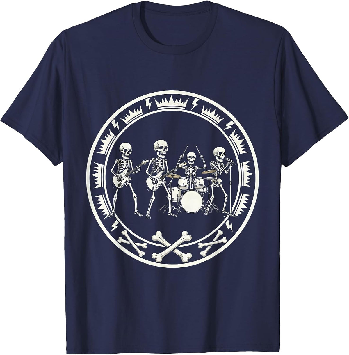 Skeleton Band Heavy Metal Stage Concert Graphic T-Shirt - Navy Blue
