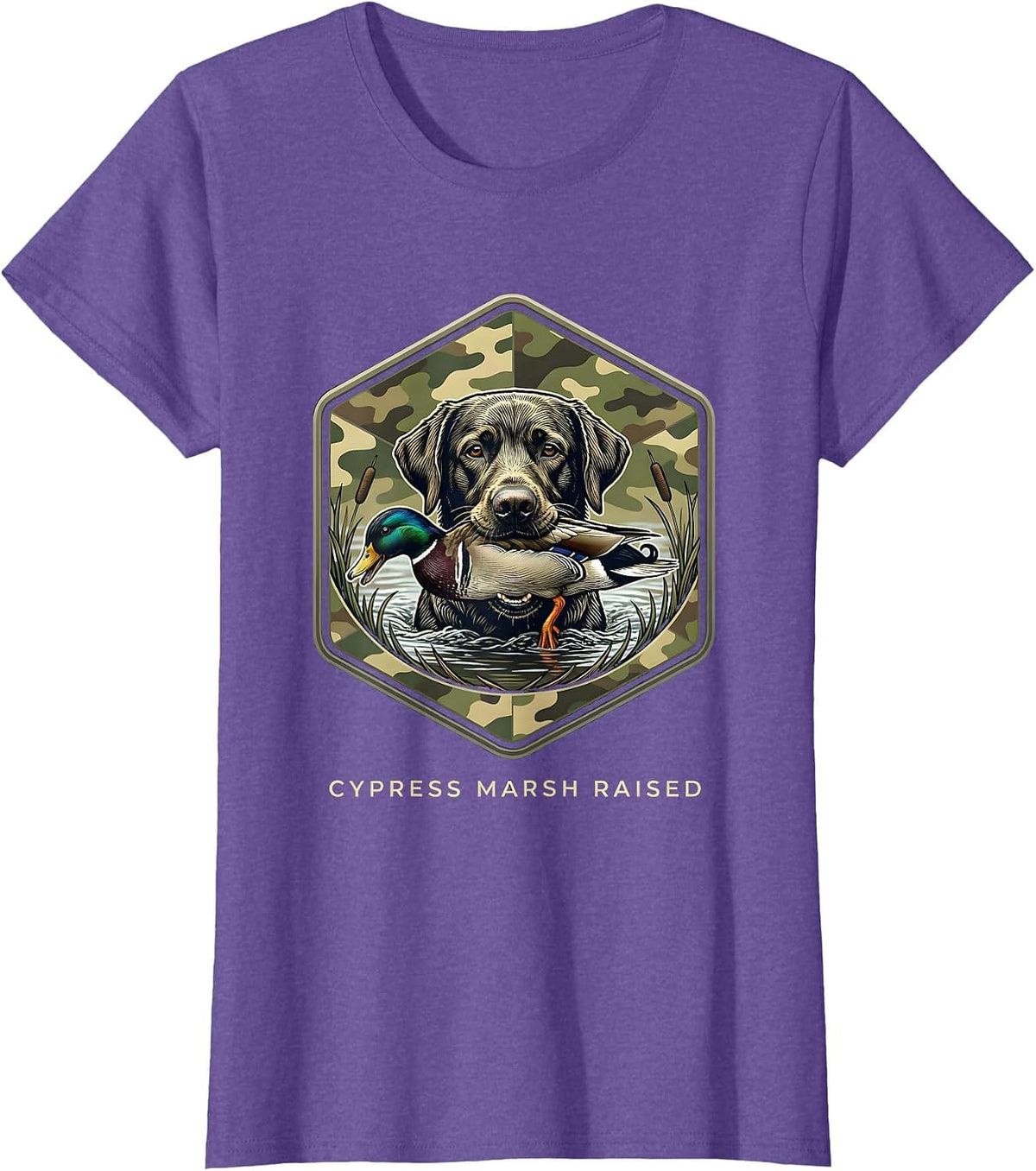 Cypress Marsh Raised Hexagonal Badge Labrador Duck Hunting T-Shirt - Purple Heather