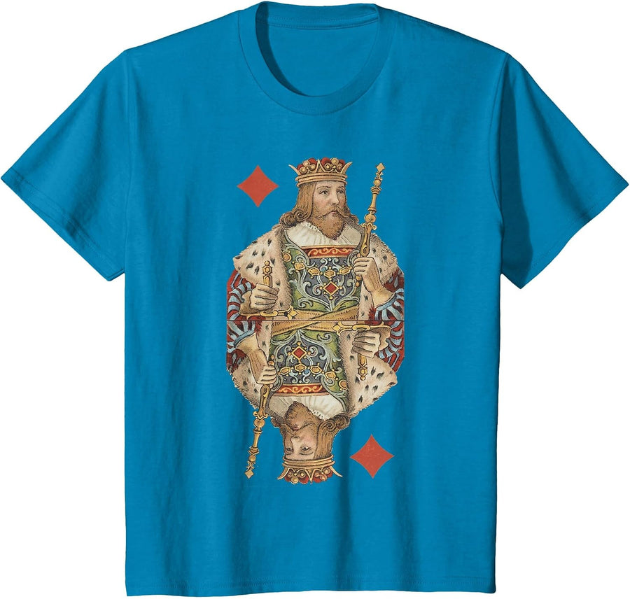 King of Diamonds Antique Art Nouveau Playing Card Art T-Shirt, Youth, Sapphire Blue, Small - As Pictured