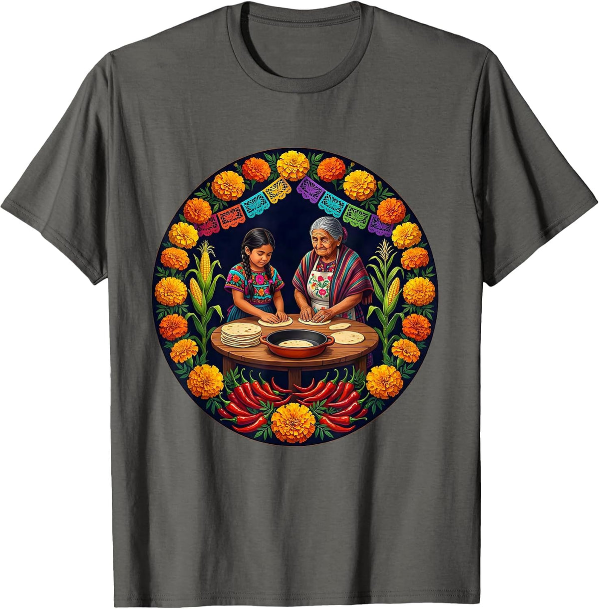 Mexican Girl Making Tortillas With Abuela T-Shirt - Asphalt Grey