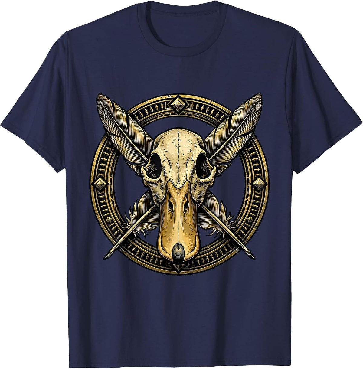 Duck Skull Crossed Feathers Dark Graphic Design T-Shirt - Navy Blue