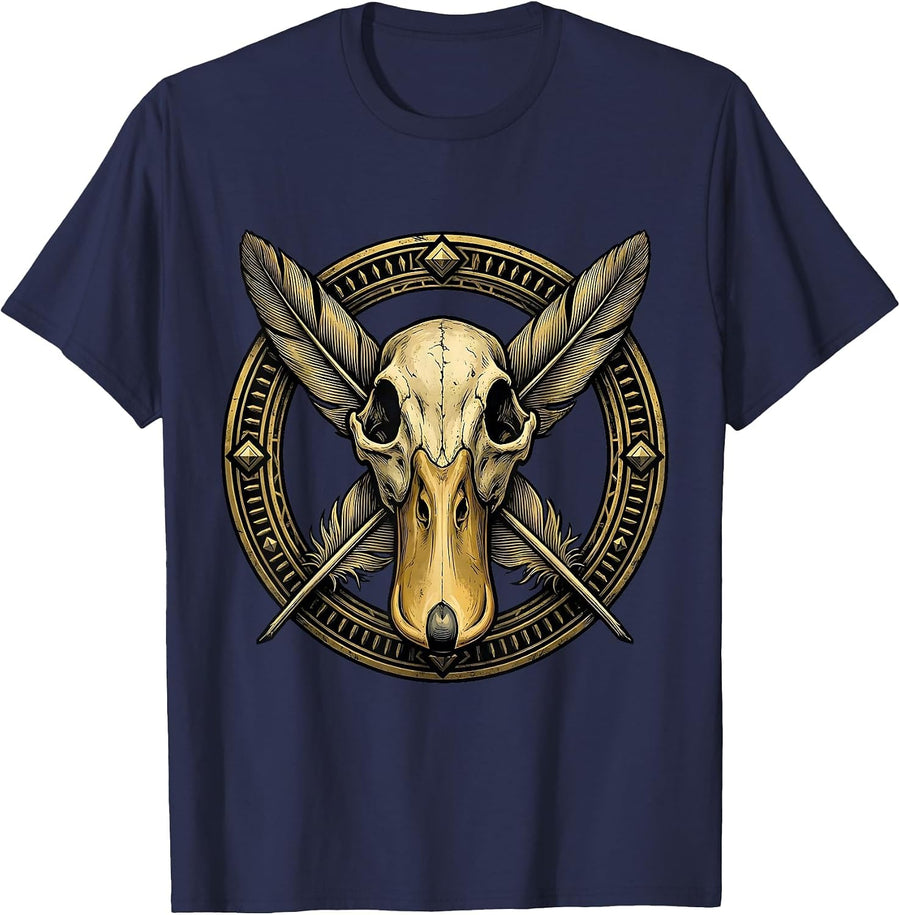 Duck Skull Crossed Feathers Dark Graphic Design T-Shirt - Navy Blue