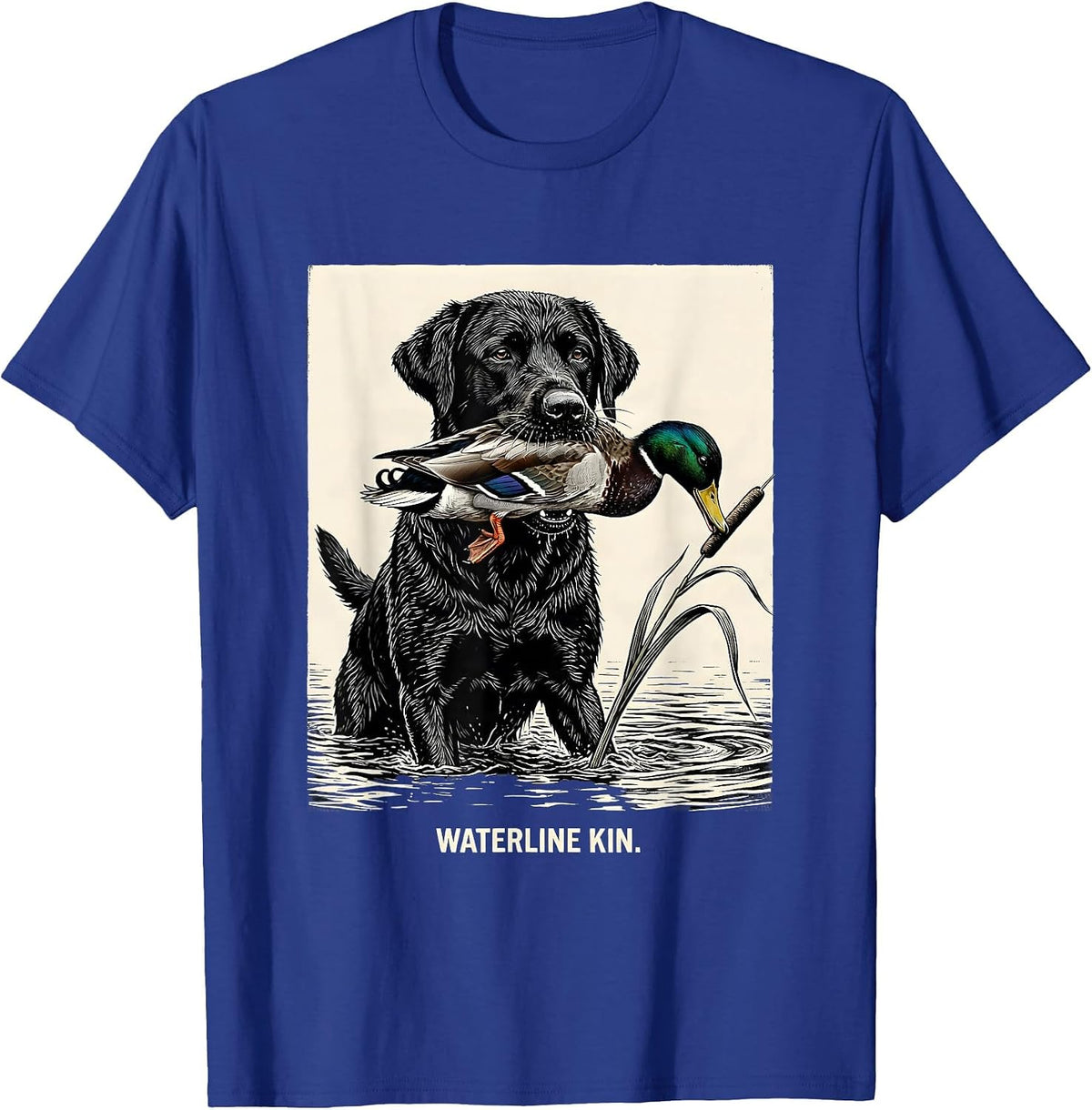 Men's Waterline Kin Scratchboard Black Lab Duck Hunting Youth Boys T-Shirt - Royal Blue