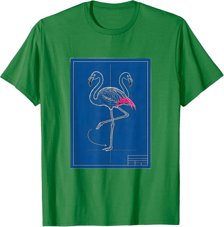 Men's Flamingo Drafting Sheet Technical Blueprint Bird Humor T-Shirt - Kelly Green