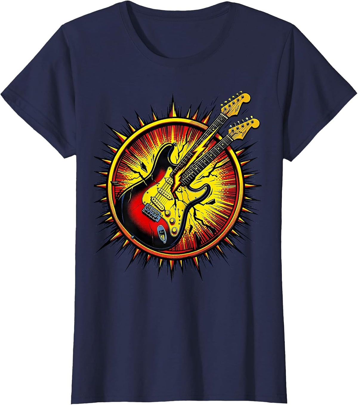 Women's Electric Guitar Lightning Bolt Split 80s Rock Art T-Shirt - Navy Blue