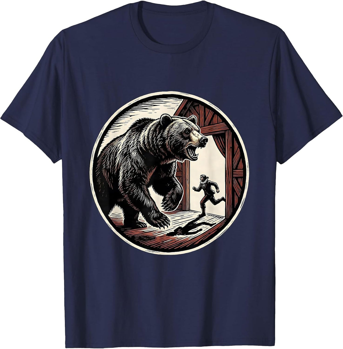 Men's Charging Bear Linocut Theatre Humor Shakespeare Fan T-Shirt - Navy Blue