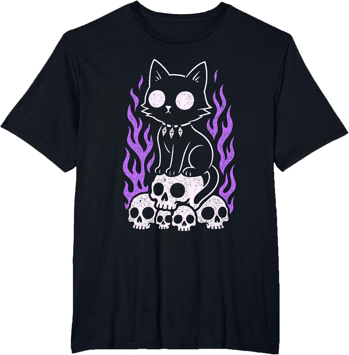 Cat Kitty Skulls Creepy Cute Kawaii Pastel Goth Purple Flame T-Shirt - Black
