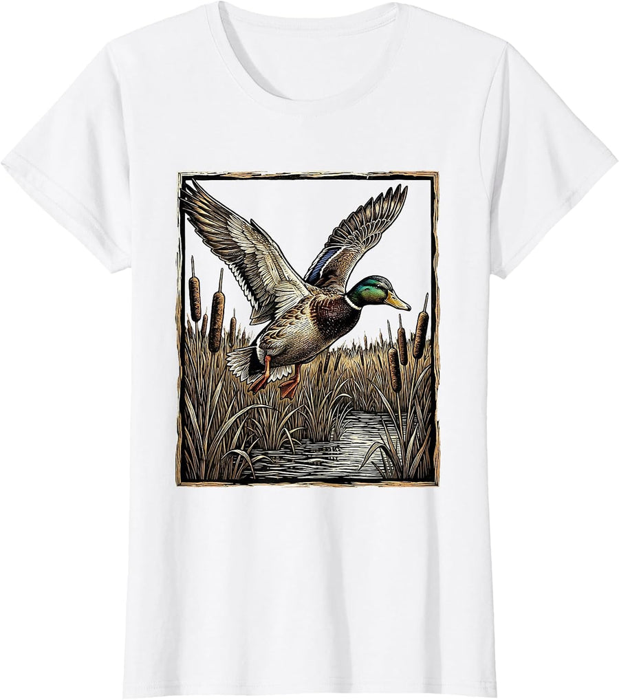 Women's Camo Duck Flying Over Cattail Marsh Graphic T-Shirt - White