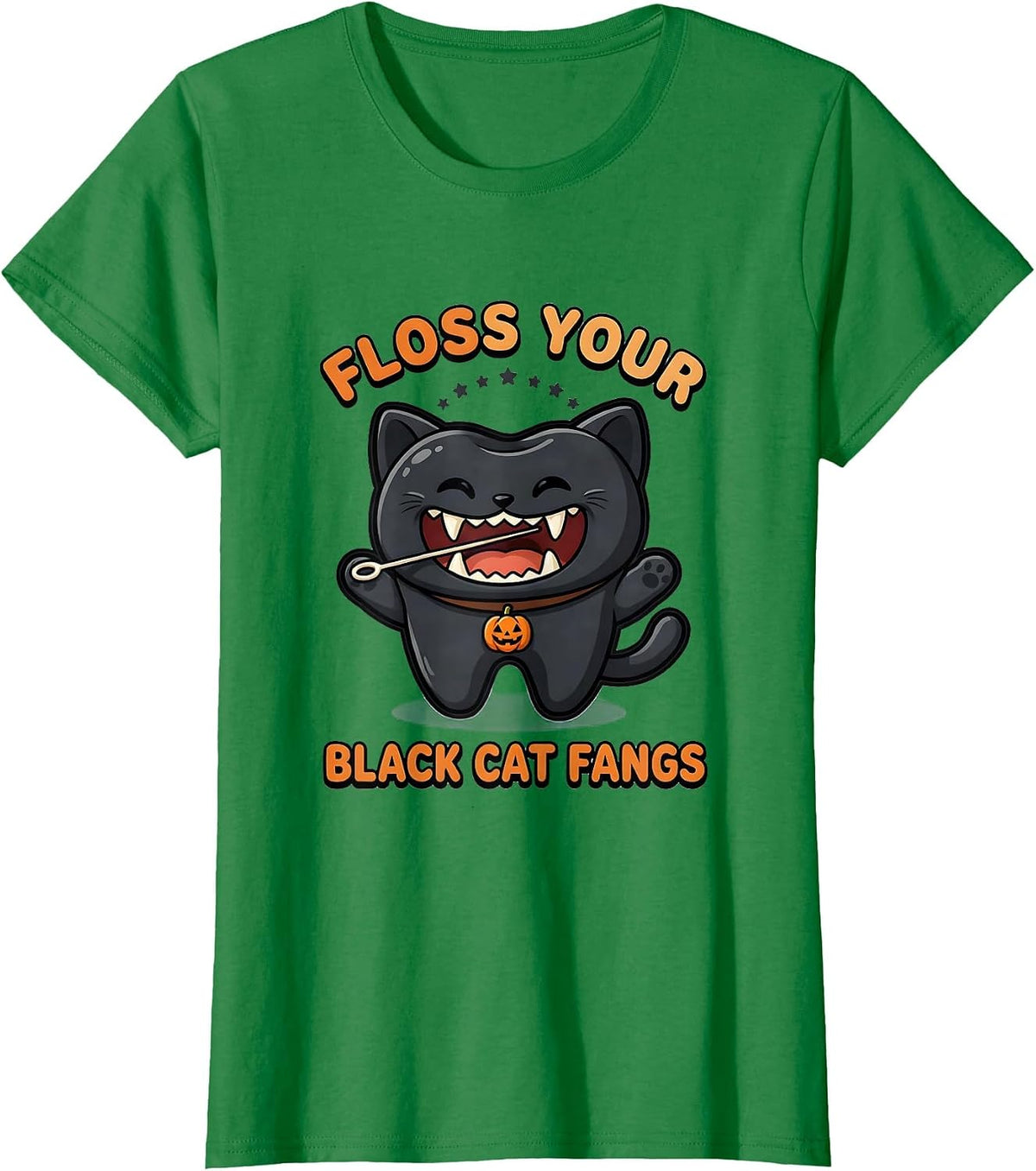 Women's Floss Your Black Cat Fangs Cute Kawaii Halloween Dentist T-Shirt - Kelly Green