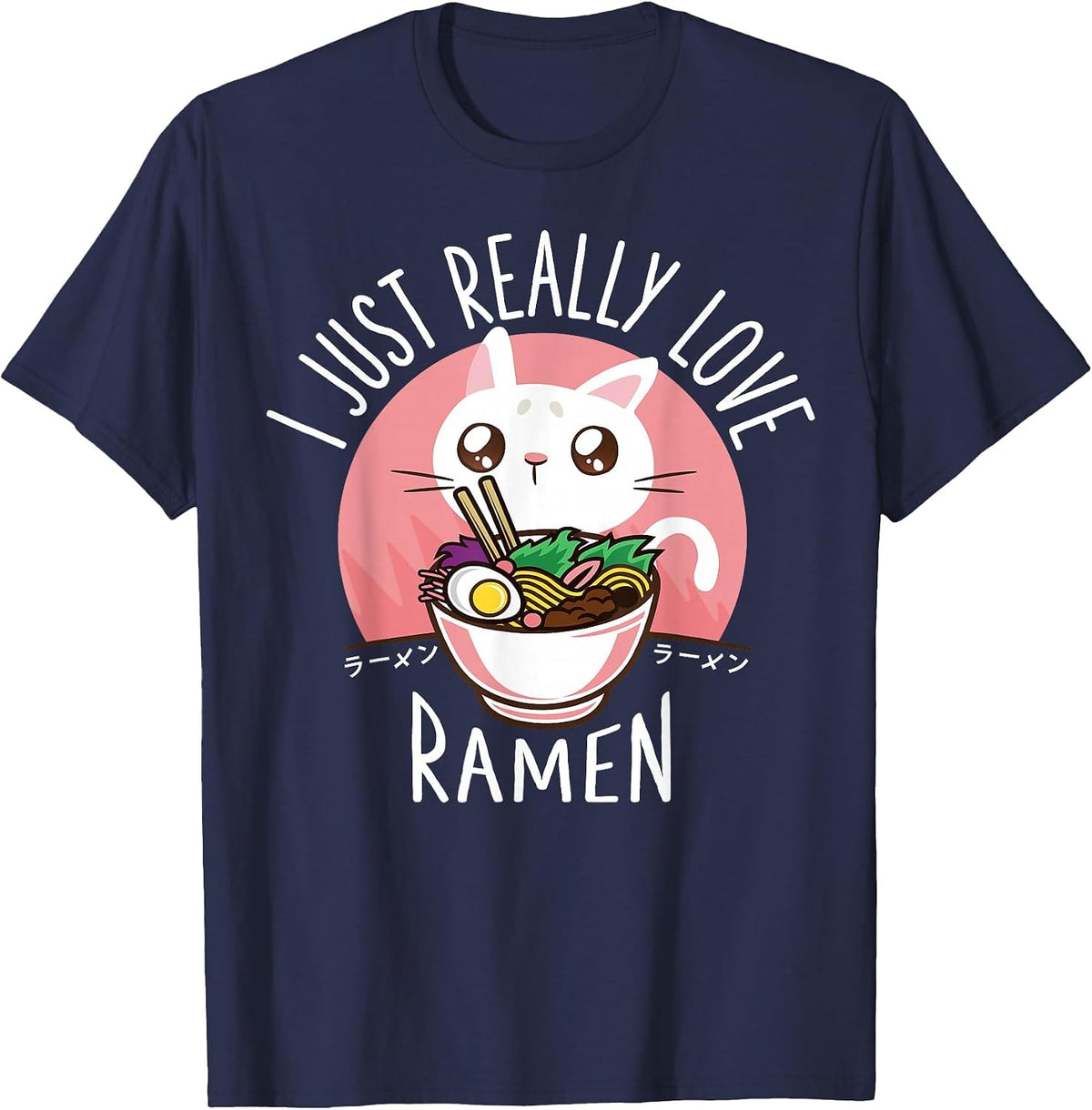 Funny Cat Ramen Anime Merch Kawaii Clothes Graphic Tees Men T-Shirt - Navy Blue